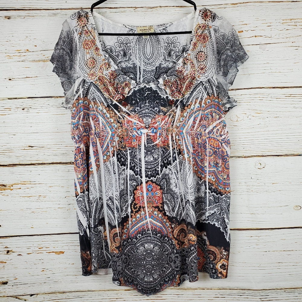 One World Embellished Print Top